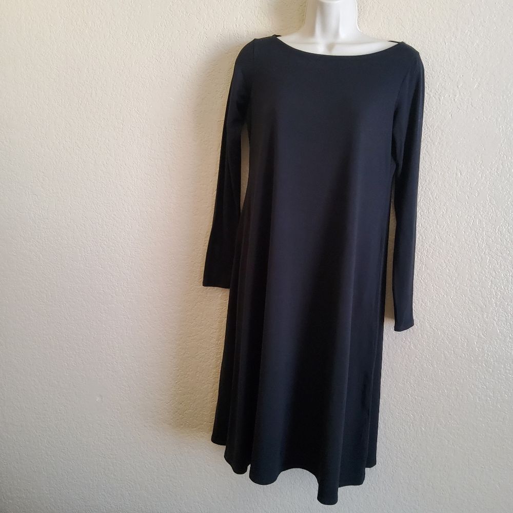 Eileen Fisher Tencel Lyocell Jersey Knit Long Sleeve Shift Midi Dress XXS Black